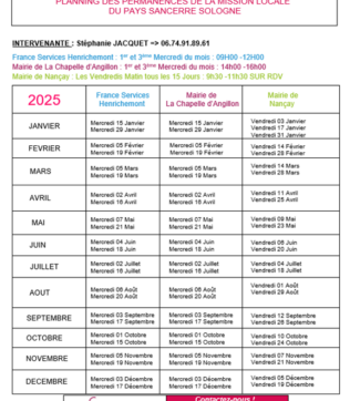 Calendrier des permanences 2025 Mission locale du Pays Sancerre Sologne